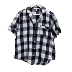 Victoria's Secret Top Womens SP Plaid Black Purple Button up Short Sleeve‎